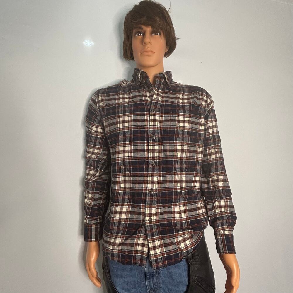 Land’s End Men’s Medium Plaid Flannel Shirt Navy Rust Cream Button Down